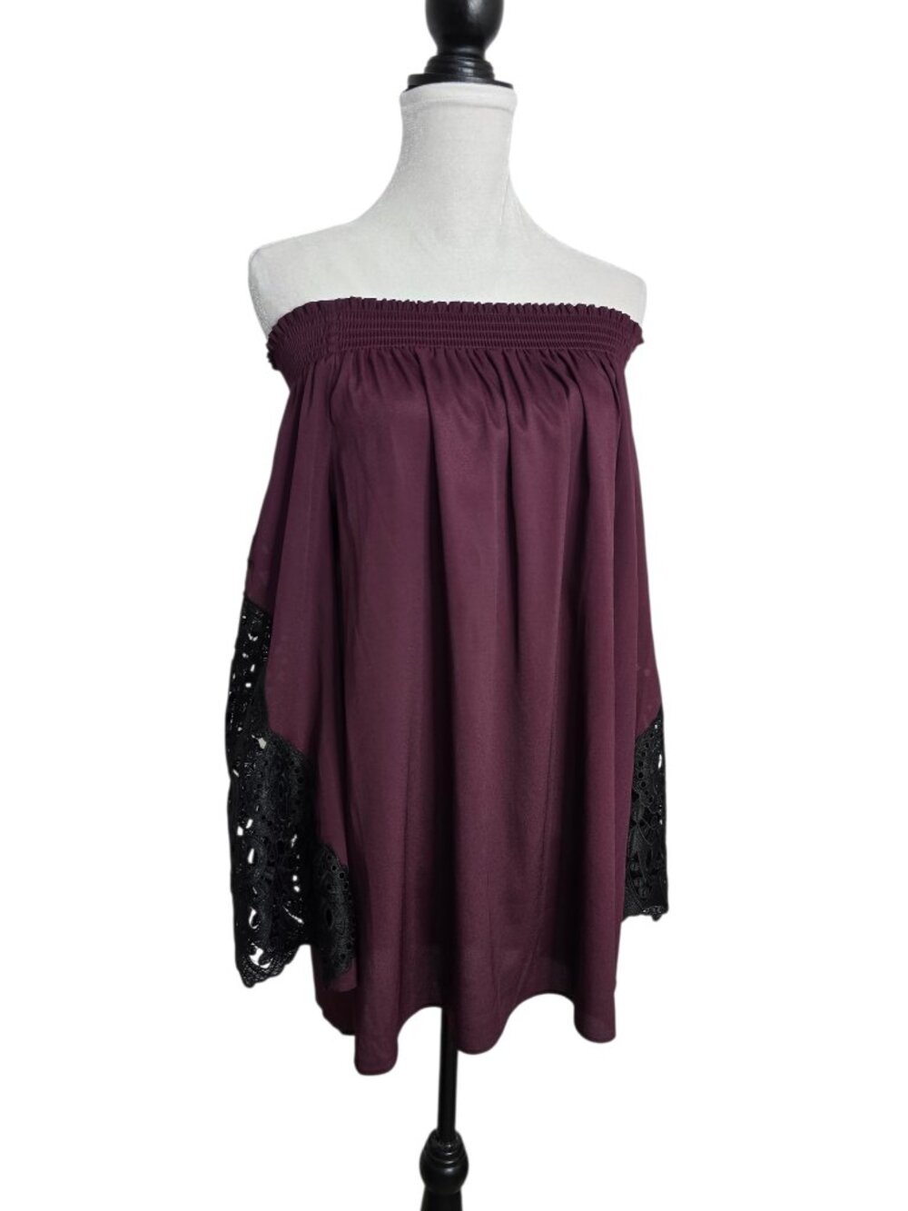 Kobi Women's Off The Shoulder Burgundy Blouse w Crochet Lace Sleeves Size Large - Picture 3 of 11